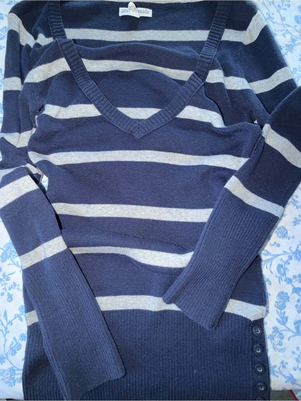 Aeropostale Navy and Light Gray Striped V-Neck Sweater with Side Buttons